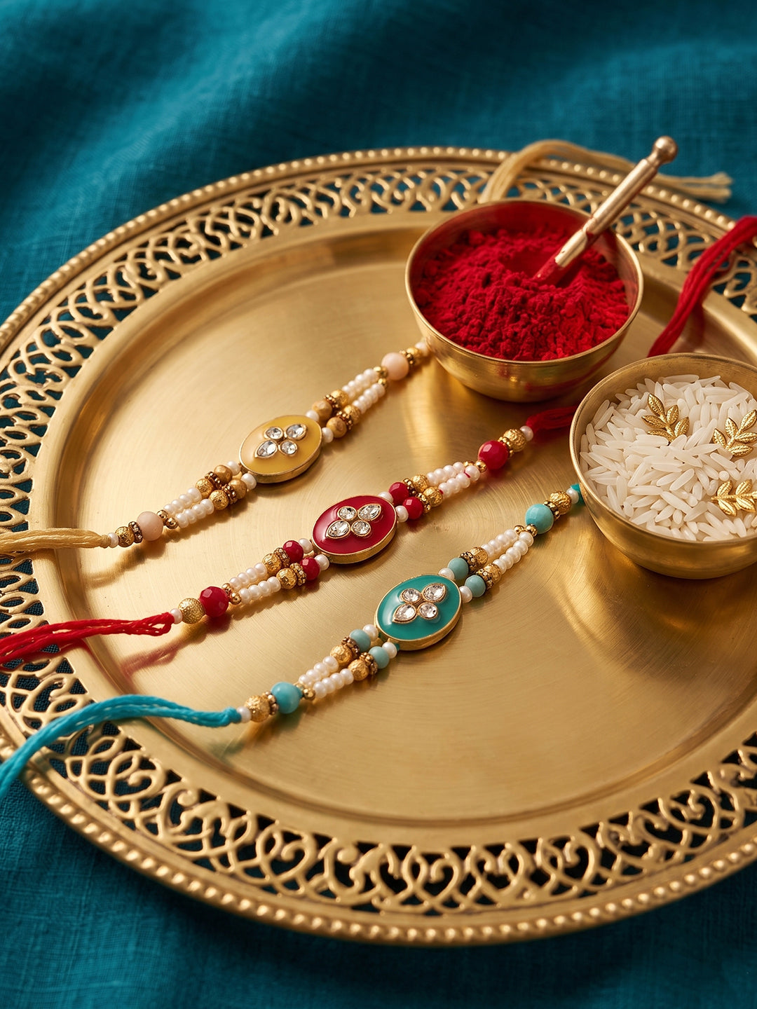 NVR Set of 3 Multicolor Artificial Beads & White Pearls Thread Rakhi with Roli Chawal - Dista