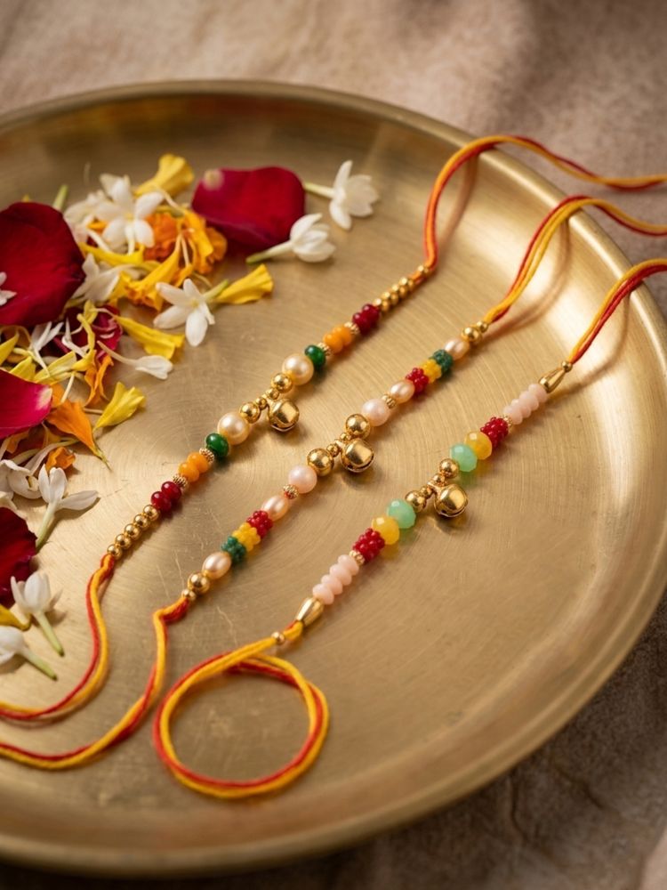 NVR Set of 3 Artificial Beads Orange Thread Rakhi With Roli Chawal Chandan Mishri - Dista