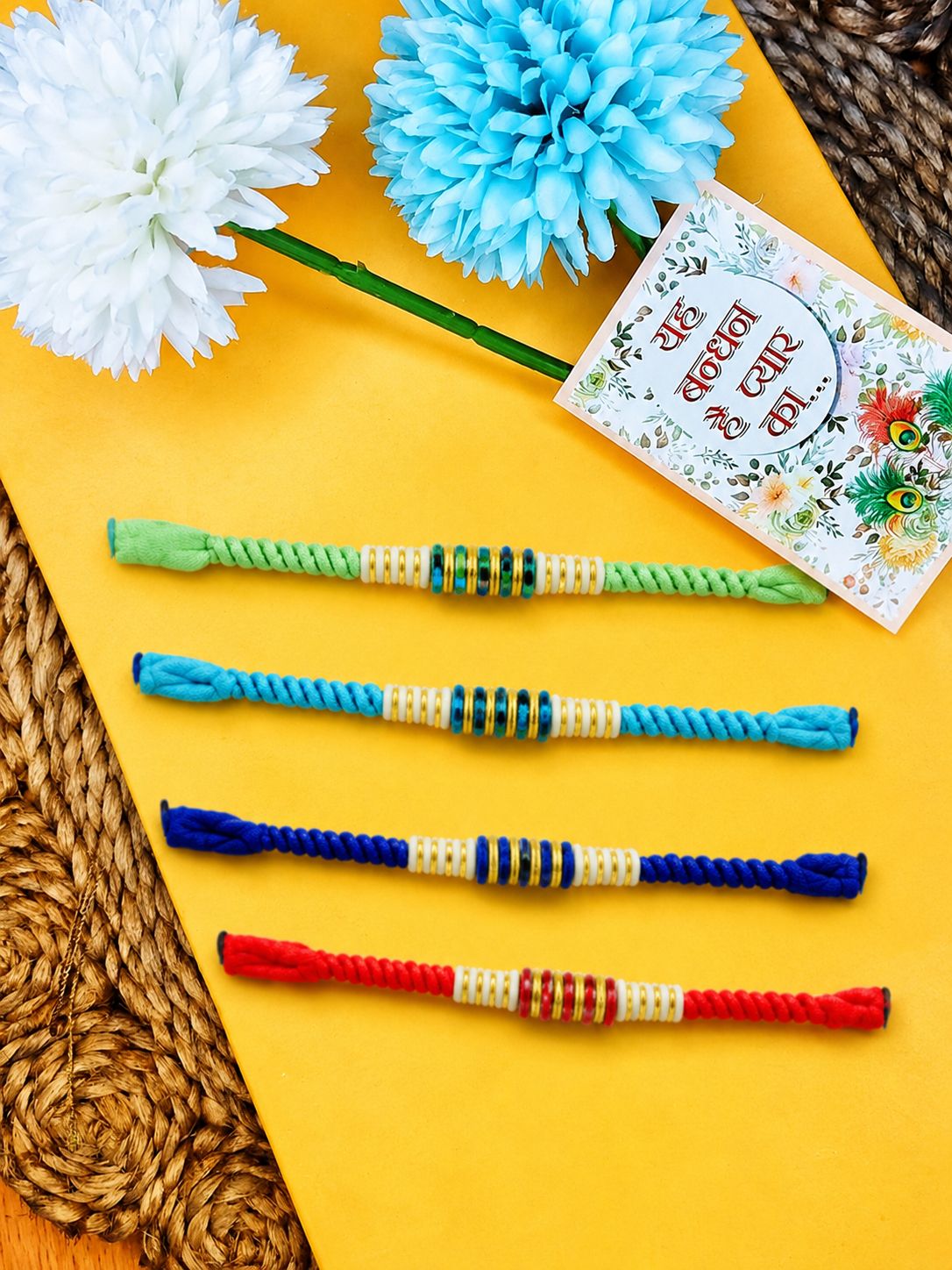NVR Set of 4 Multicolor Artificial Beads Thread Rakhi with Roli Chawal Chandan Mishri - Dista