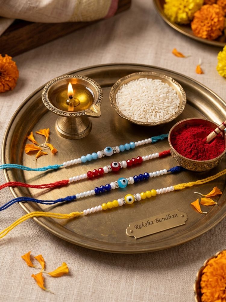 NVR Set of 4 Multicolor Evil Eye Thread Rakhi with Roli Chawal Chandan Mishri - Dista