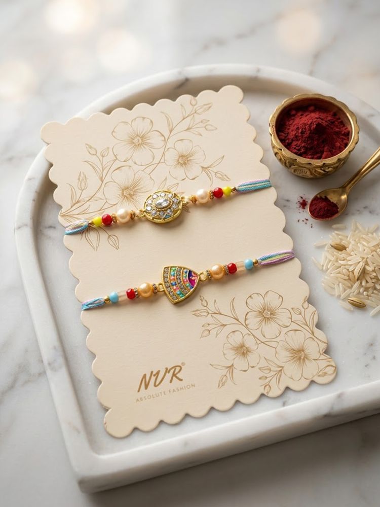 NVR Set of 2 Gold Toned Artificial Stones & Beads Thread Rakhi with Roli Chawal Chandan - Dista