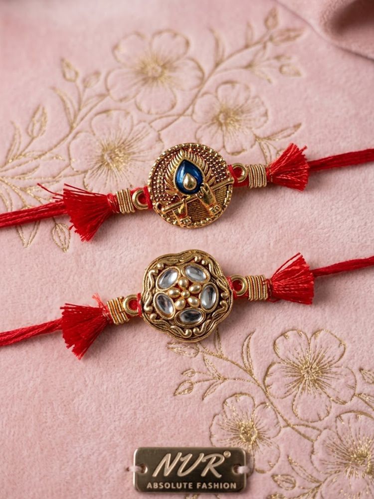NVR Set of 2 Gold Toned Artificial Stones Thread Rakhi with Roli Chawal Chandan Mishri - Dista
