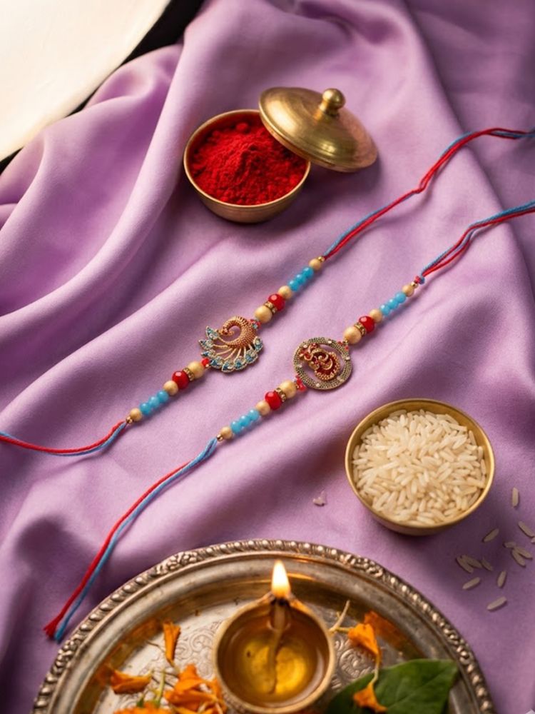 NVR Set of 2 Multicolor Artificial Beads Thread Rakhi with Roli Chawal Chandan Mishri - Dista