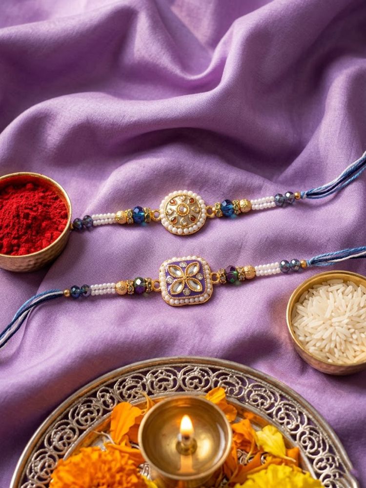 NVR Set of 2 White Pearls Thread Rakhi with Roli Chawal Chandan Mishri - Dista