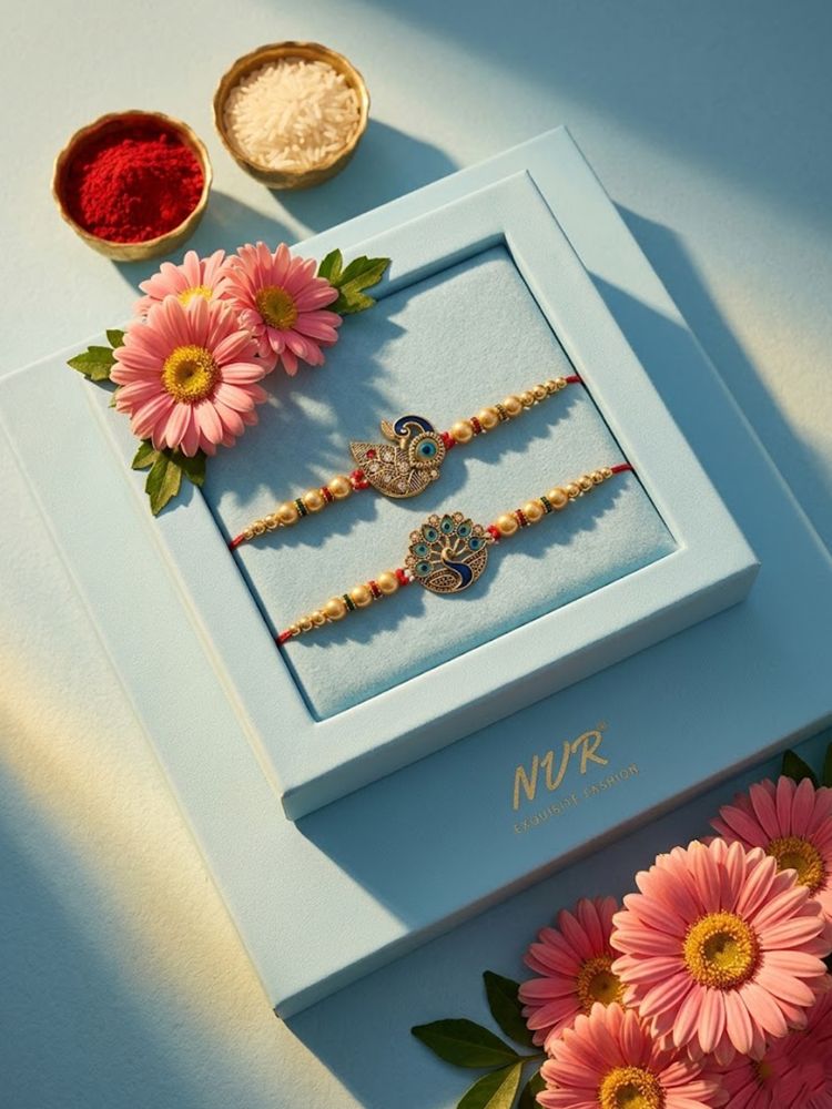 NVR Set of 2 Peacock & Ghungroo Design Multicolor Thread Rakhi with Roli Chawal Chandan - Dista