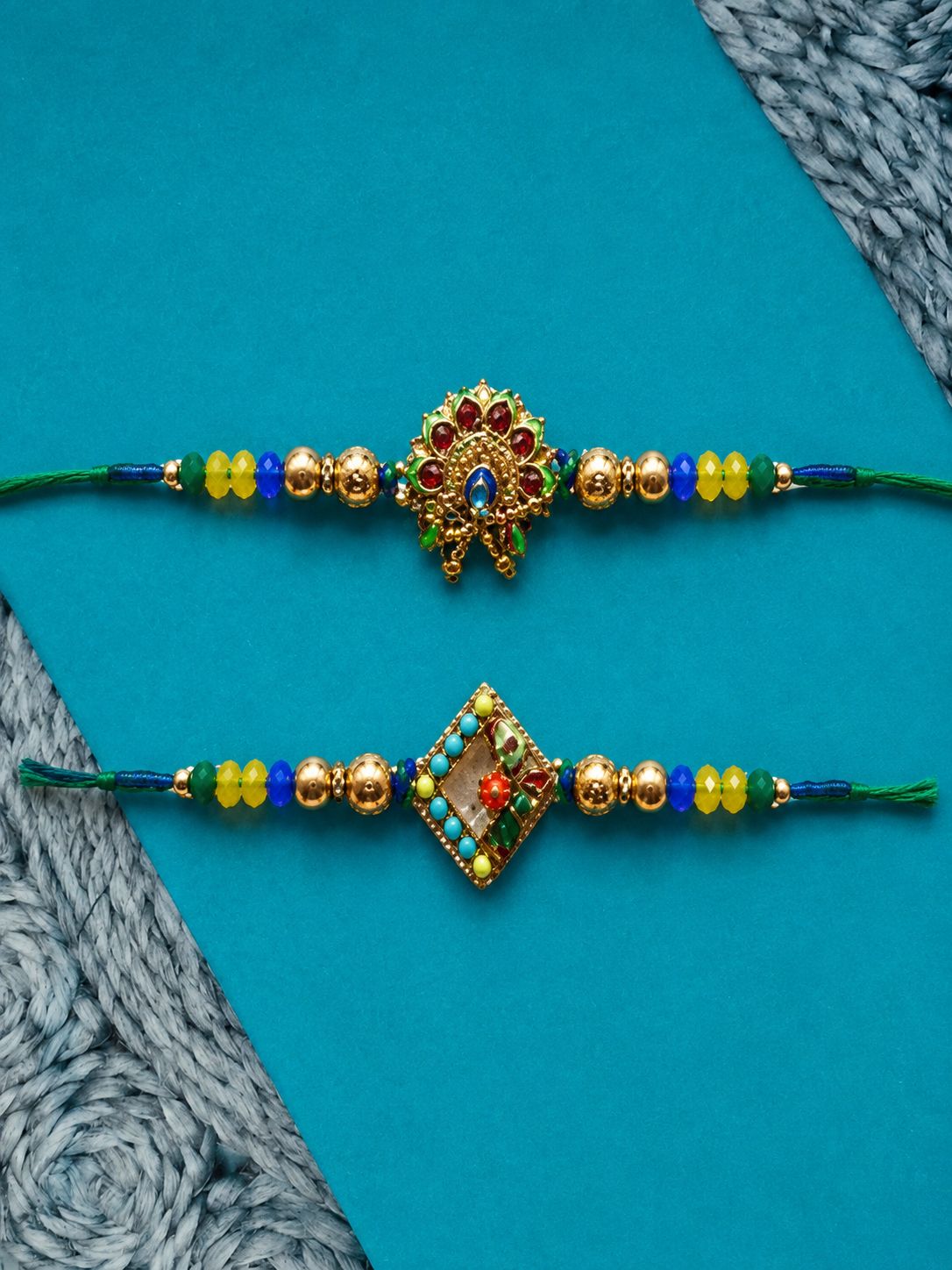 NVR Set of 2 Traditional Thread Rakhi with Roli Chawal Chandan Mishri - Dista
