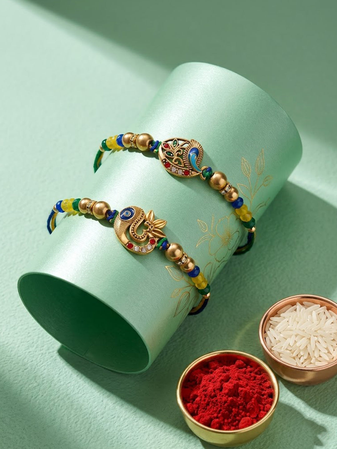 NVR Set of 2 Multicolor Artificial Stones & Beads Thread Rakhi with Roli Chawal Chandan - Dista