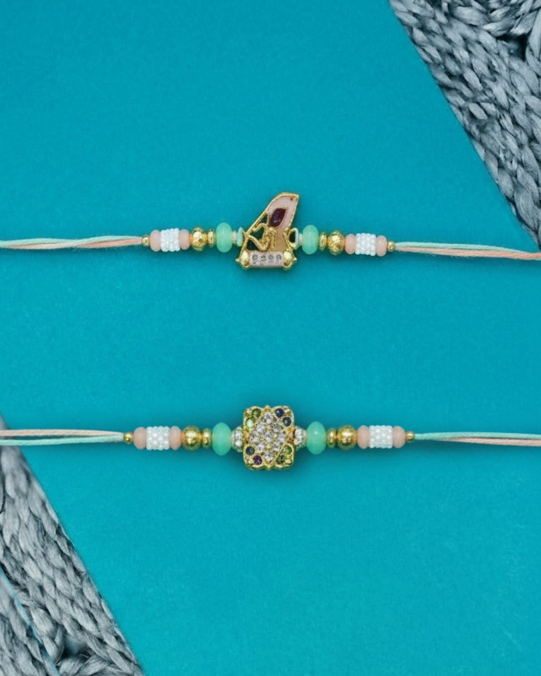 NVR Set of 2 Artificial Stones & Beads Thread Rakhi with Roli Chawal Chandan Mishri - Dista