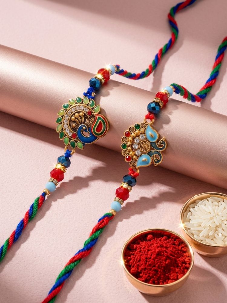 NVR Set of 2 Multicolor Artificial Stones & Beads Thread Rakhi with Roli Chawal Chandan - Dista