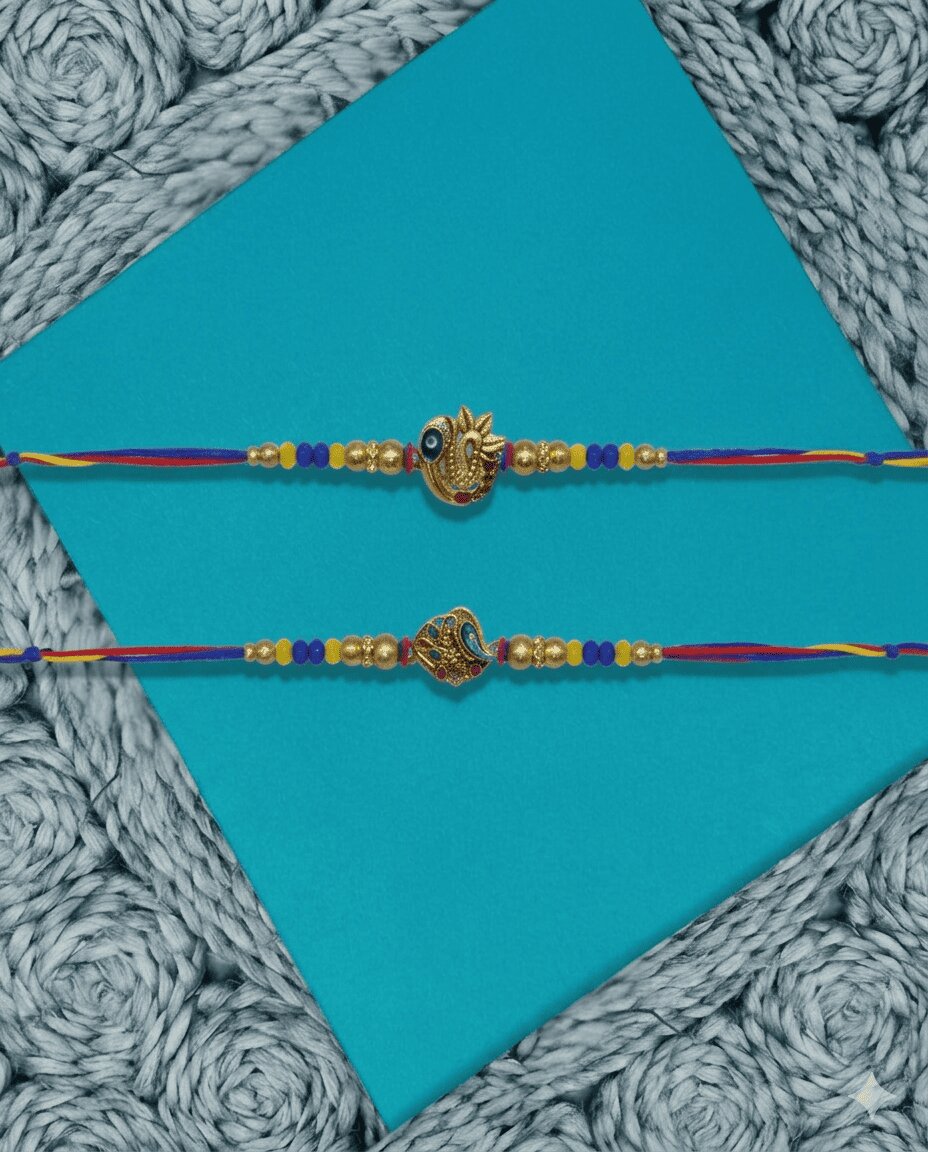 NVR Set of 2 Peacock Design Thread Rakhi with Roli Chawal Chandan Mishri - Dista