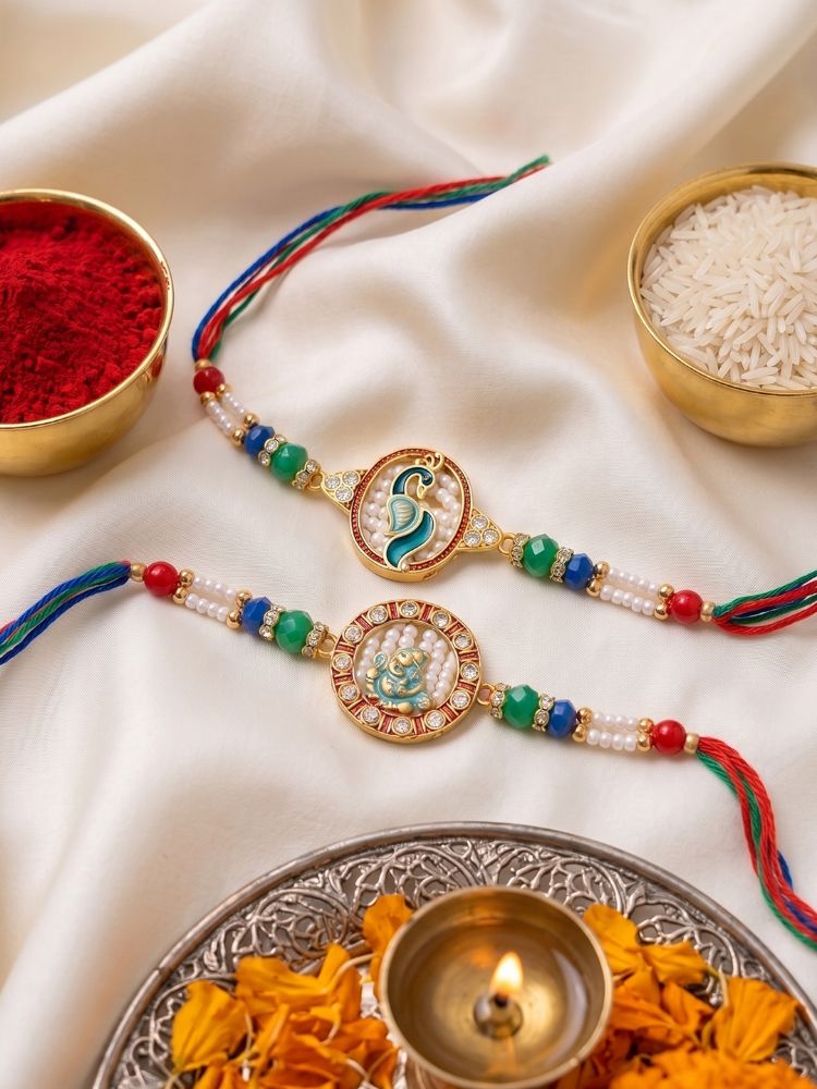 NVR Set of 2 Multicolor Peacock Design Rakhi with Roli Chawal Chandan Mishri - Dista