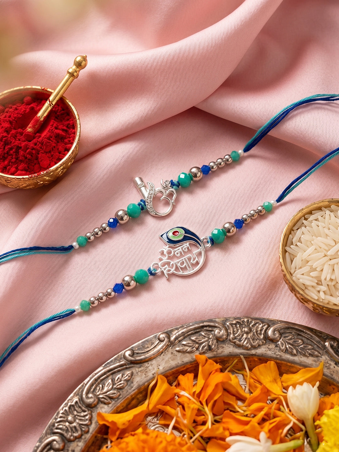 NVR Set of 2 Silver Toned Beaded Religious Thread Rakhi with Roli Chawal Chandan Mishri - Dista