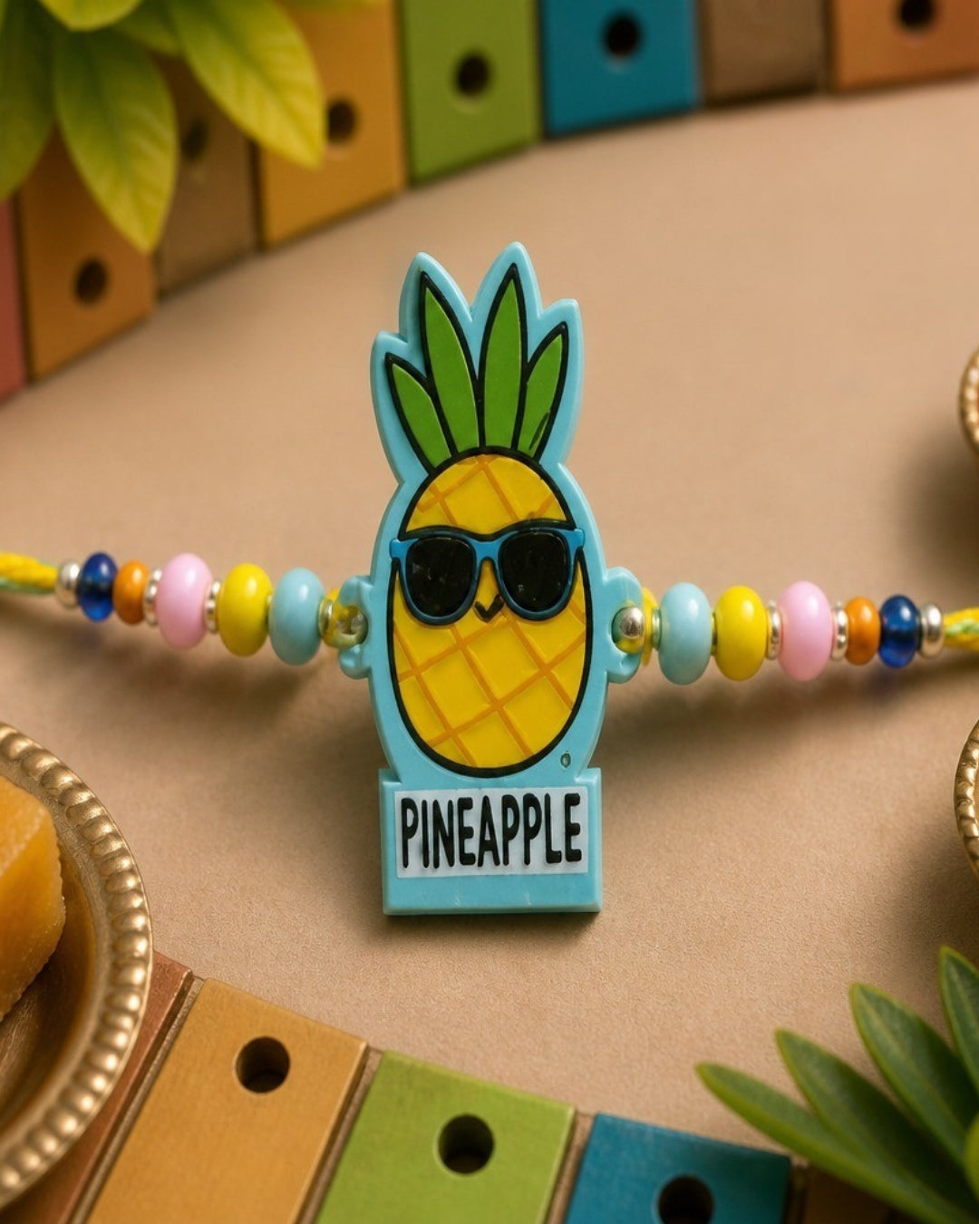 NVR Pineapple Design Kids Thread Rakhi with Roli Chawal Chandan Mishri - Dista