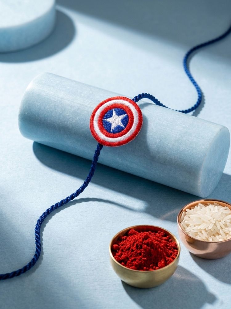 NVR Stylish Red & Blue Avengers Design Kids Rakhi with Roli Chawal Chandan Mishri - Dista