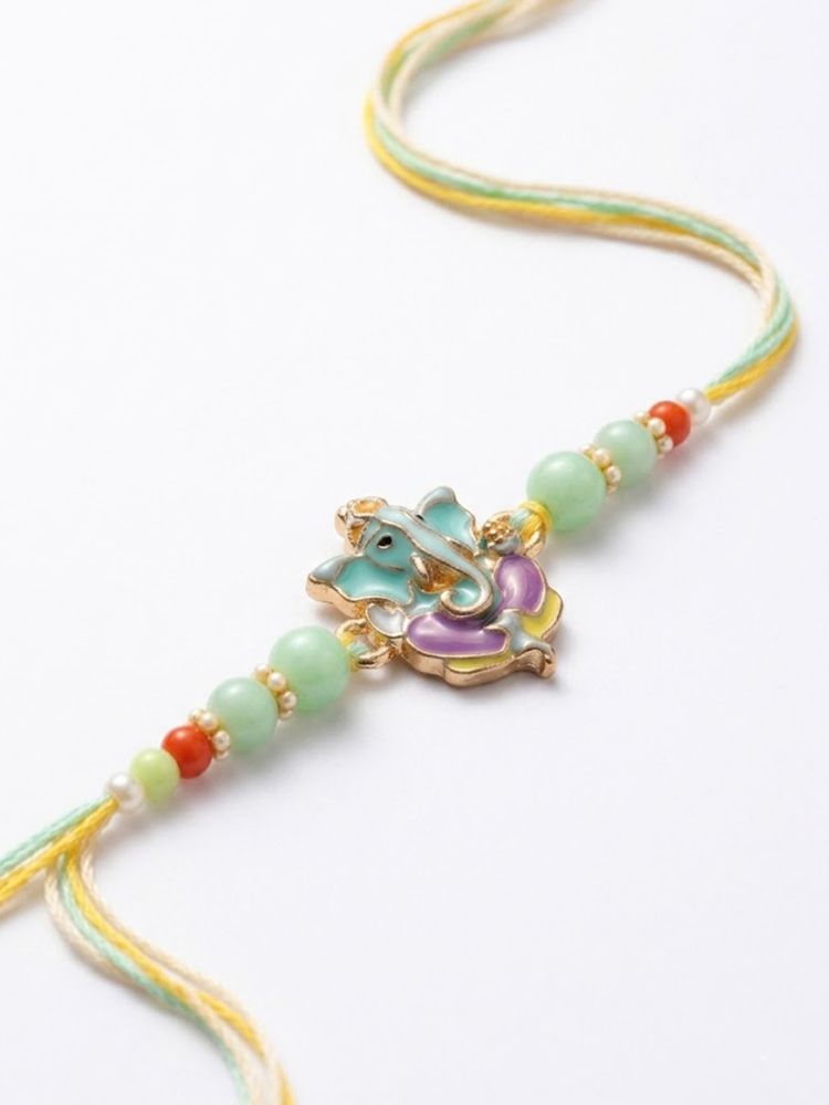 NVR Multicolor Artificial Beads Ganesh Ji Thread Rakhi With Roli Chawal Chandan Mishri - Dista