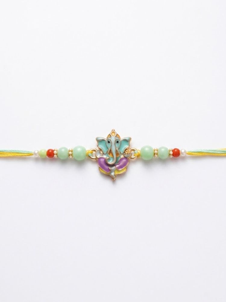 NVR Multicolor Artificial Beads Ganesh Ji Thread Rakhi With Roli Chawal Chandan Mishri - Dista