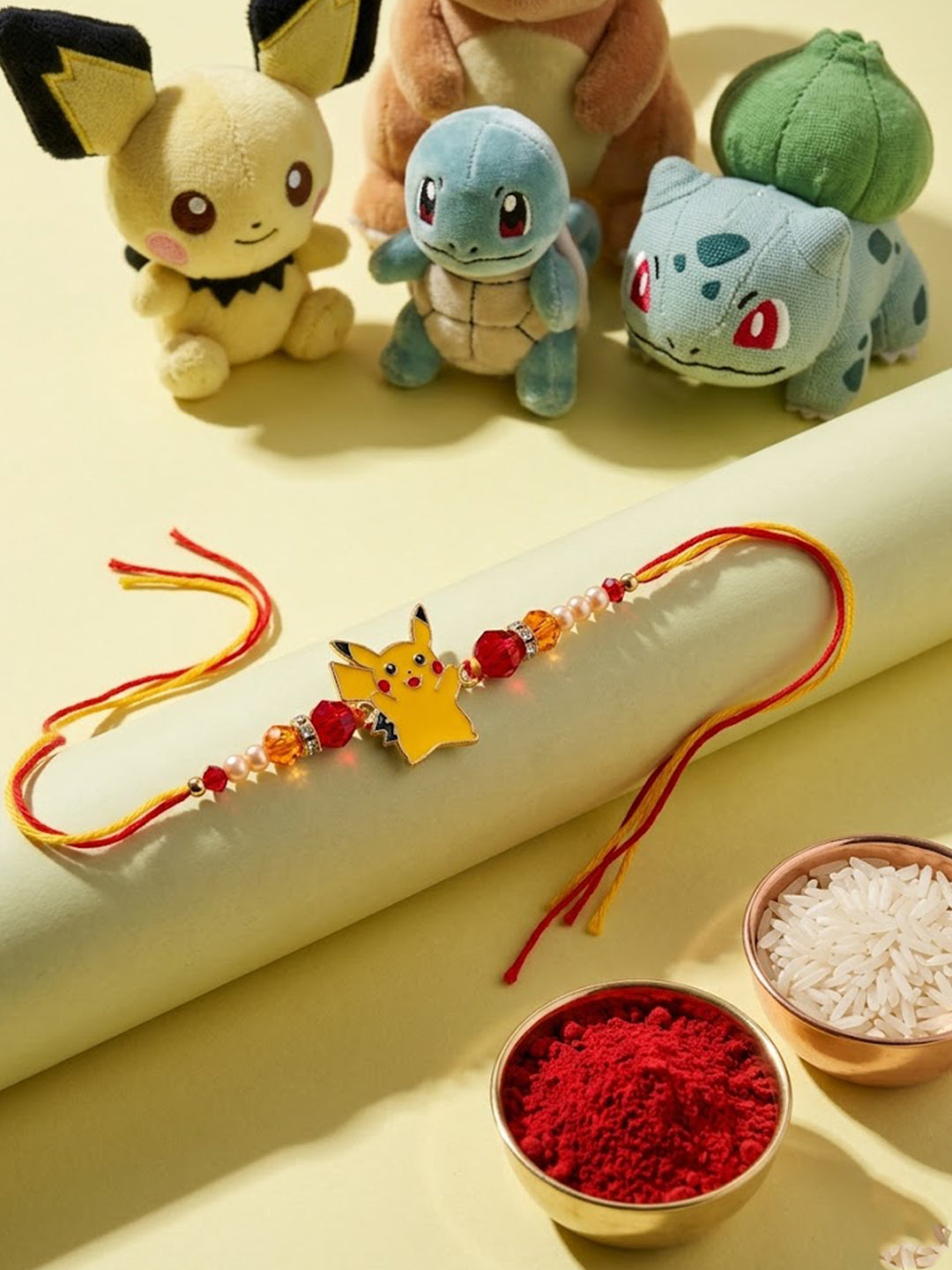 NVR Kids Pikachu Pokemon Cartoon Yellow & Red Thread Rakhi with Roli Chawal Chandan Mishri - Dista