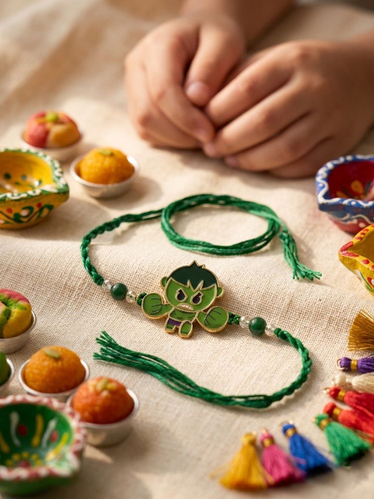 NVR Kids Hulk Character Artificial Beads Thread Rakhi with Roli Chawal Chandan Mishri - Dista