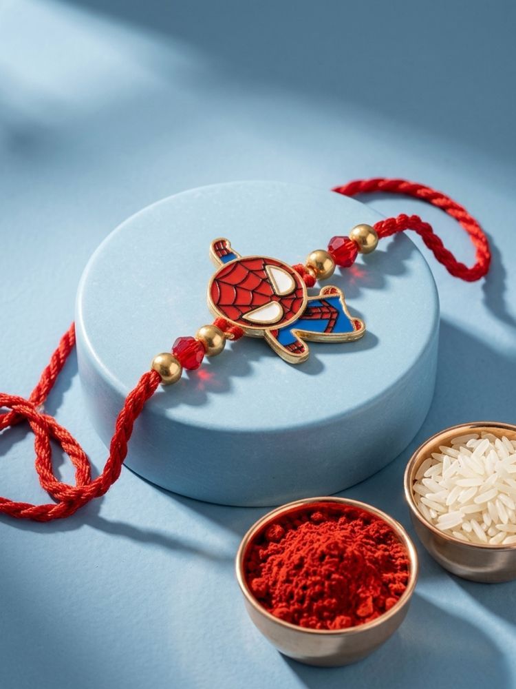 NVR Kids Spider Man Character Artificial Beads Thread Rakhi with Roli Chawal Chandan - Dista