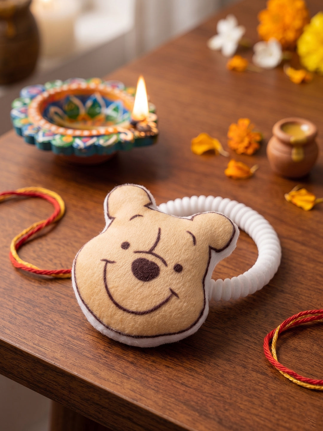 NVR Kids Pooh Character Artificial Beads Rakhi with Roli Chawal Chandan Mishri - Dista