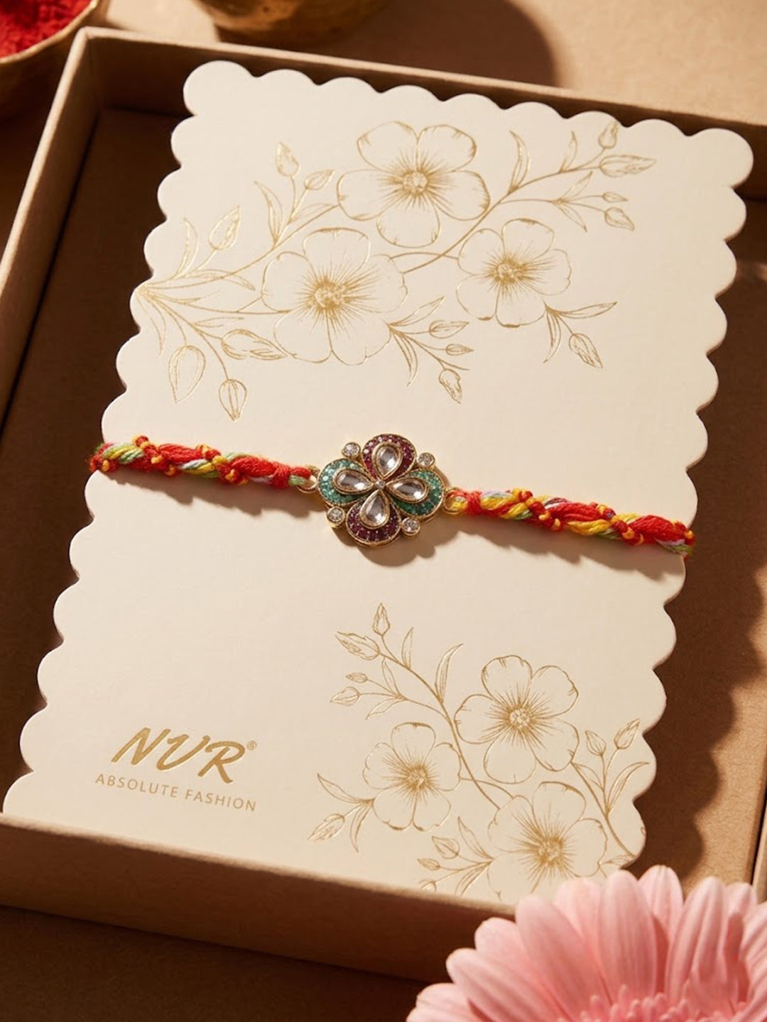 NVR Traditional Artificial Stones Thread Rakhi with Roli Chawal Chandan Mishri - Dista