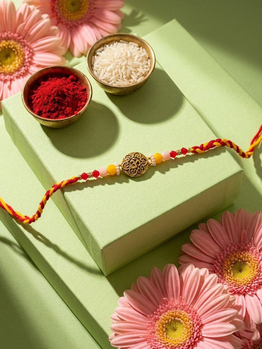 NVR Artificial Beads Decorative Om Design Religious Thread Rakhi with Roli Chawal Chandan - Dista