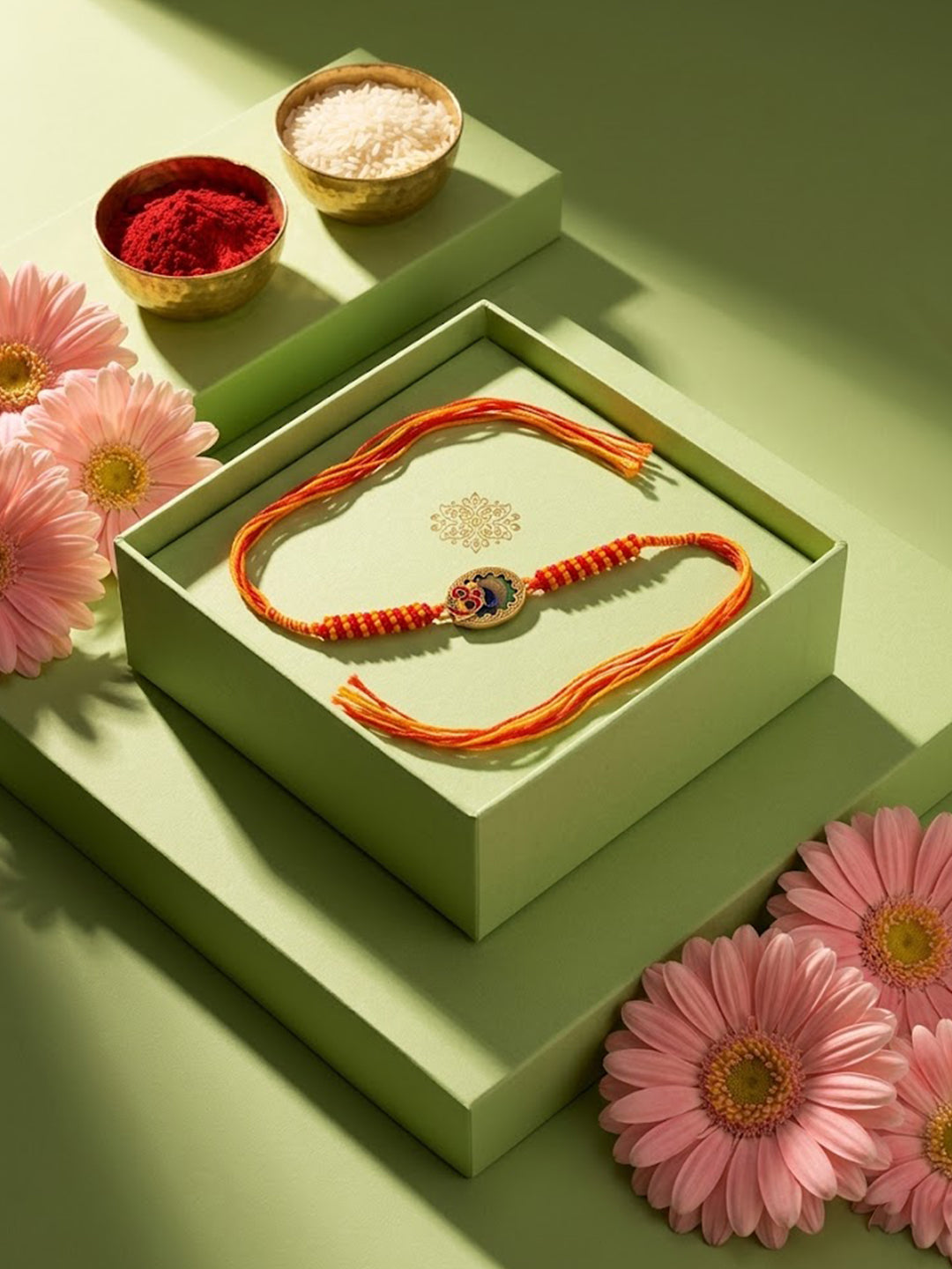 NVR Om Motif Divine Religious Thread Rakhi with Roli Chawal Chandan Mishri - Dista