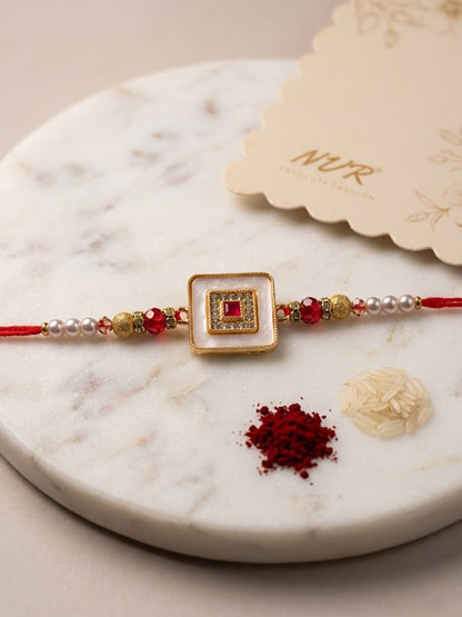 NVR Square Design Multicolor Artificial Stones & Pearls Thread Rakhi With Roli Chawal - Dista