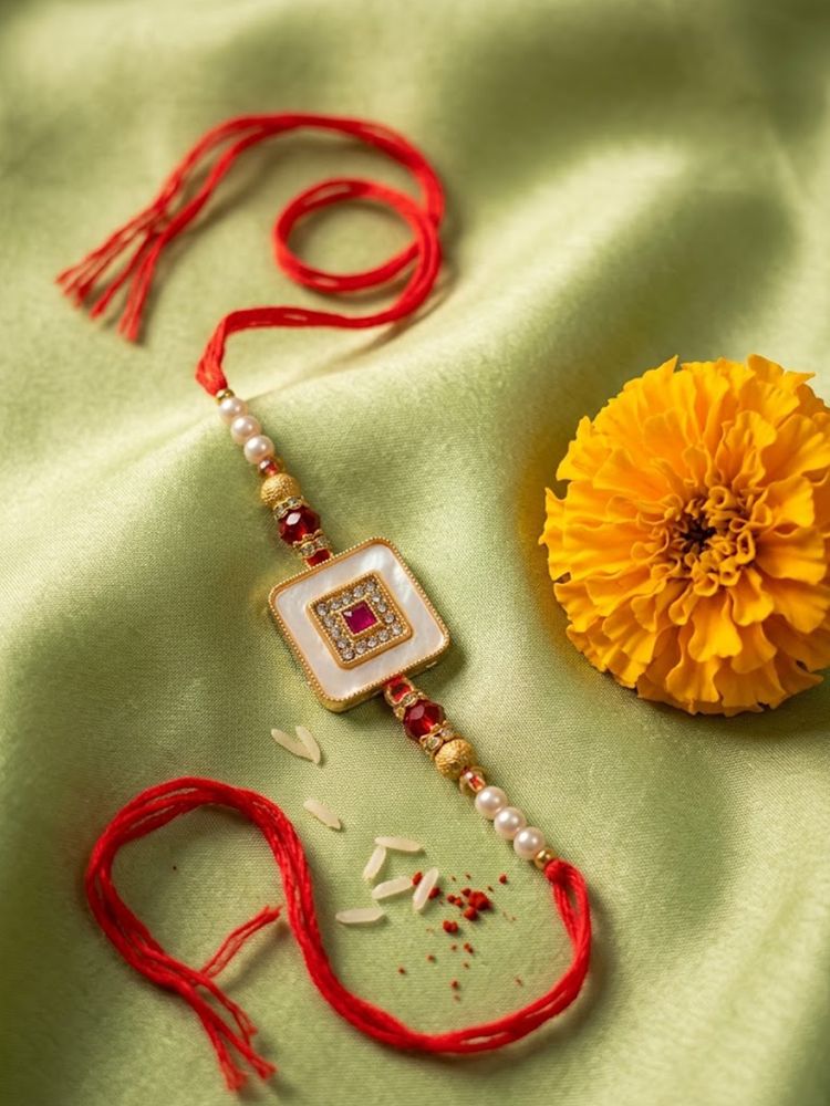 NVR Square Design Multicolor Artificial Stones & Pearls Thread Rakhi With Roli Chawal - Dista