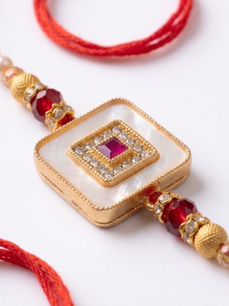 NVR Square Design Multicolor Artificial Stones & Pearls Thread Rakhi With Roli Chawal - Dista