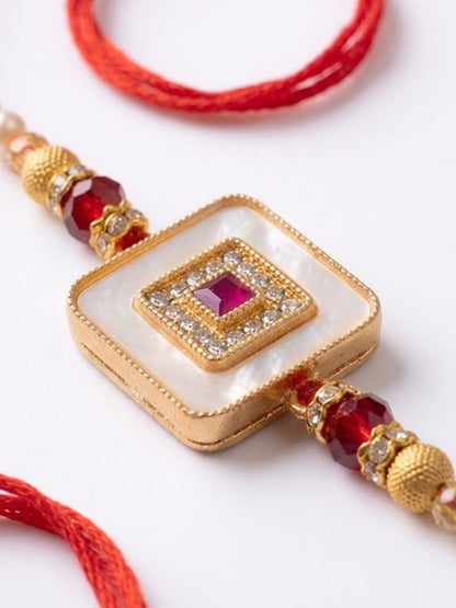 NVR Square Design Multicolor Artificial Stones & Pearls Thread Rakhi With Roli Chawal - Dista