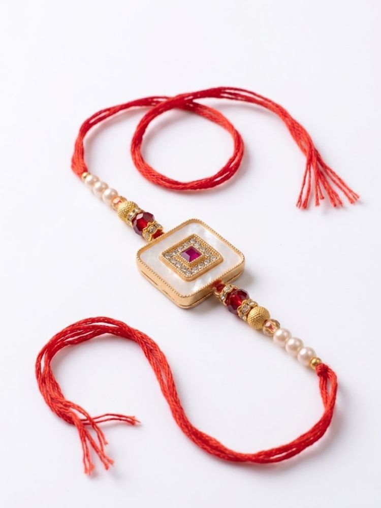 NVR Square Design Multicolor Artificial Stones & Pearls Thread Rakhi With Roli Chawal - Dista