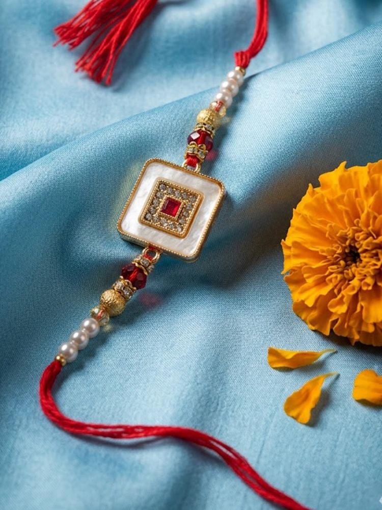 NVR Square Design Multicolor Artificial Stones & Pearls Thread Rakhi With Roli Chawal - Dista