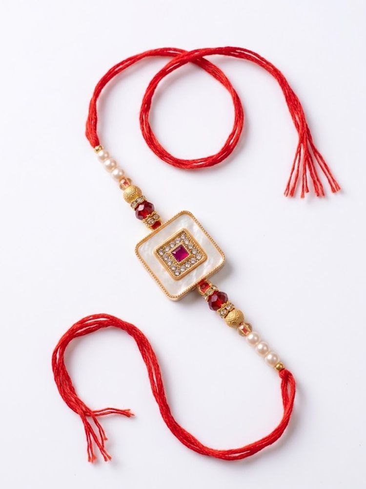NVR Square Design Multicolor Artificial Stones & Pearls Thread Rakhi With Roli Chawal - Dista