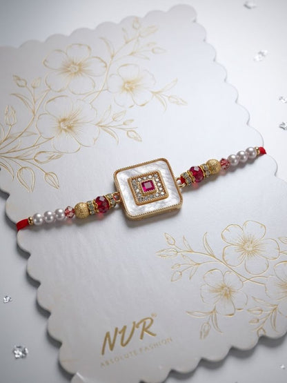 NVR Square Design Multicolor Artificial Stones & Pearls Thread Rakhi With Roli Chawal - Dista