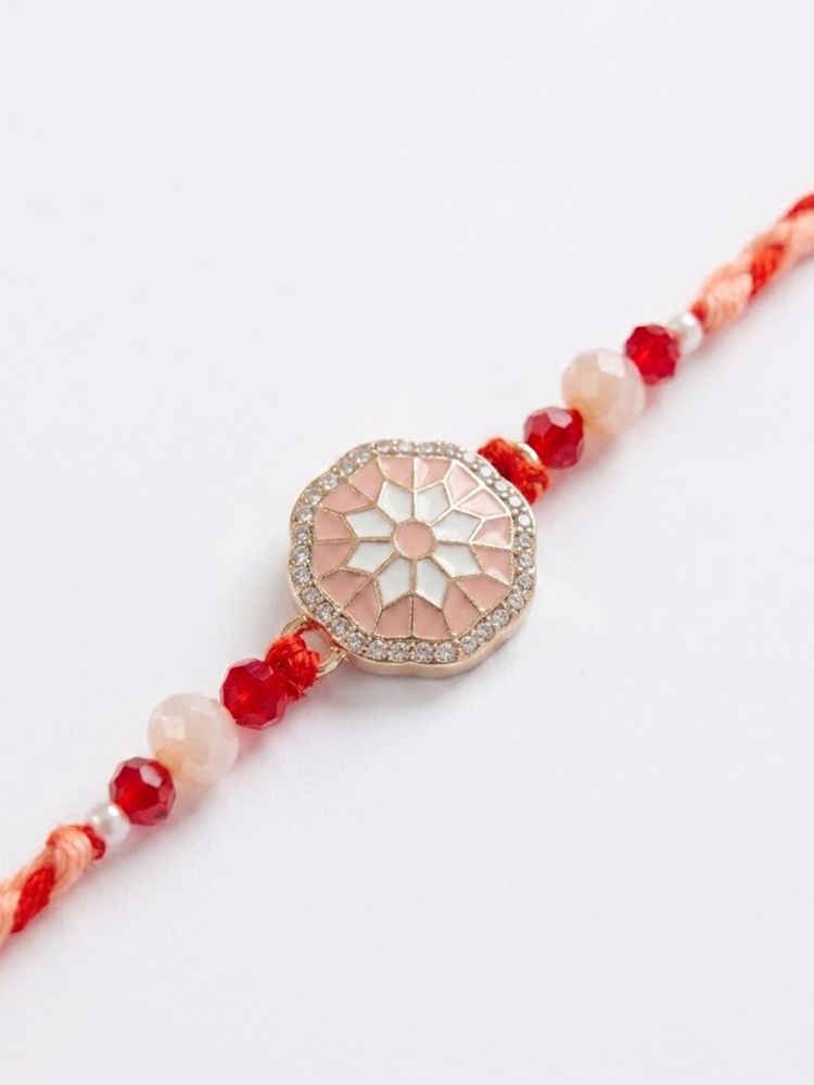 NVR Floral Design Multicolor Artificial Stones & Beads Thread Rakhi With Roli Chawal - Dista