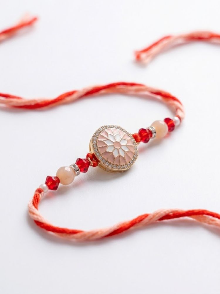 NVR Floral Design Multicolor Artificial Stones & Beads Thread Rakhi With Roli Chawal - Dista