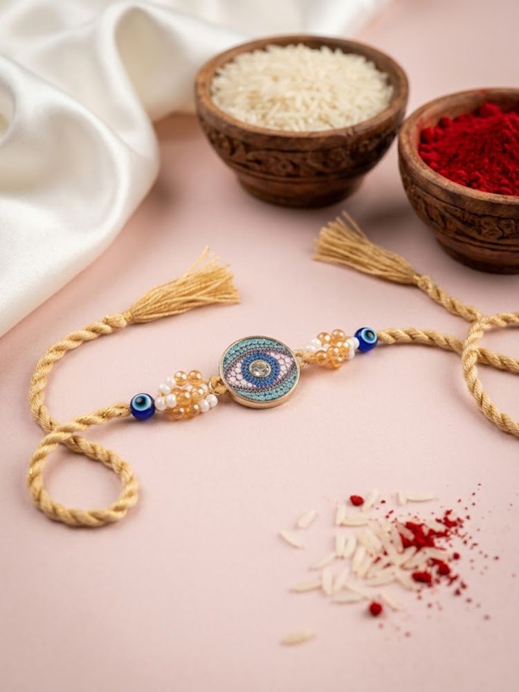 NVR Round Artificial Stones & Beads Brown Thread Rakhi With Roli Chawal Chandan Mishri - Dista