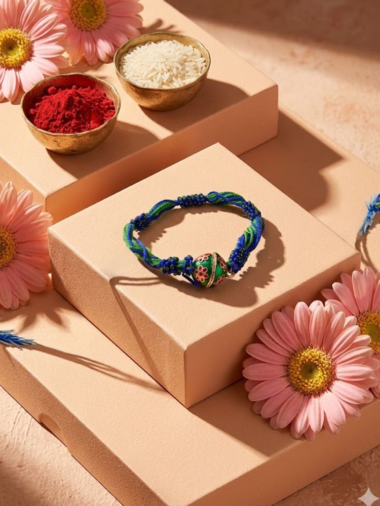 NVR Magnetic Opening Blue Meenakari Work Thread Rakhi with Roli Chawal Chandan Mishri - Dista
