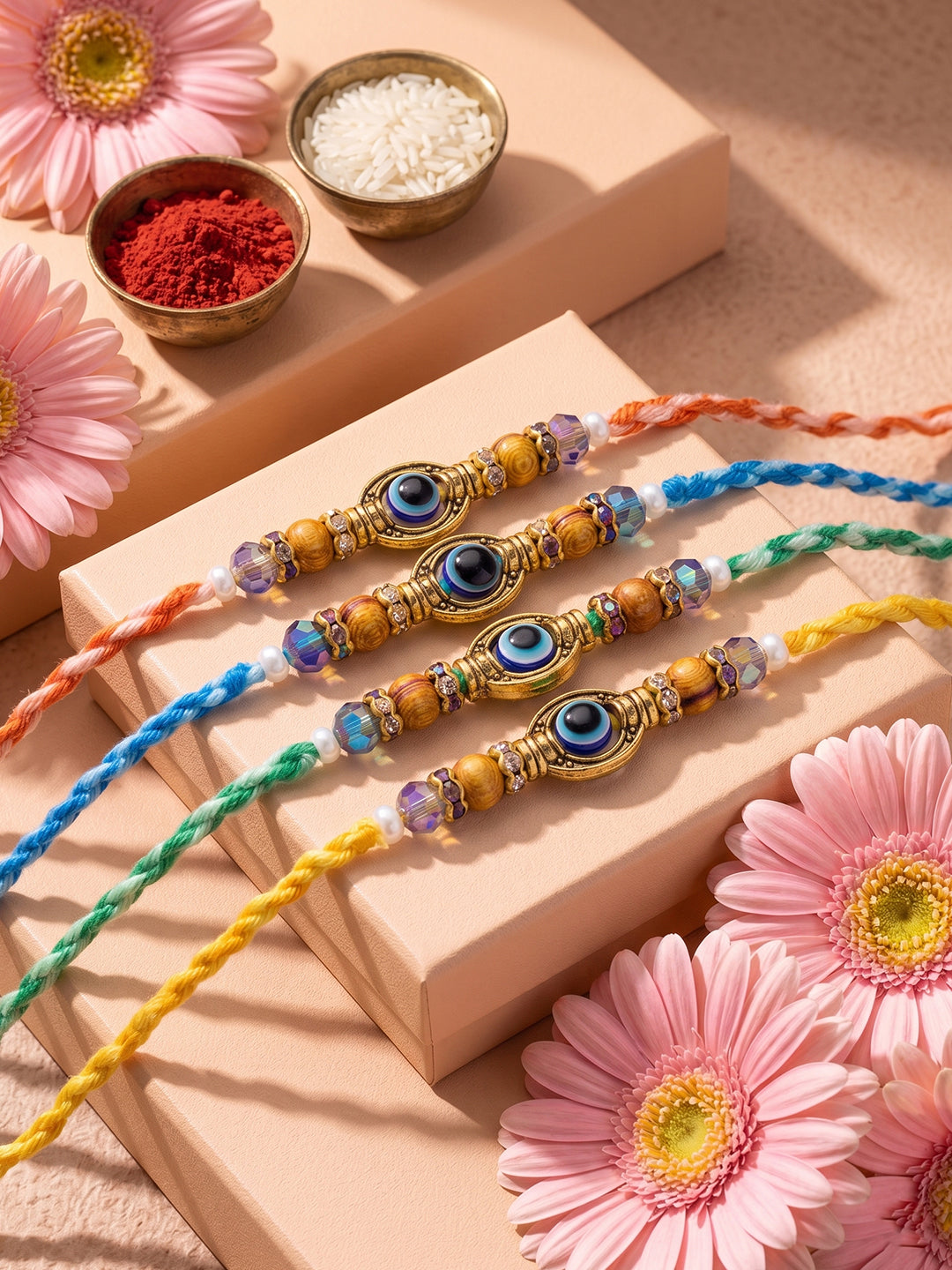 NVR Set of 4 Multicolor Evil Eye Thread Rakhi with Roli Chawal Chandan Mishri - Dista