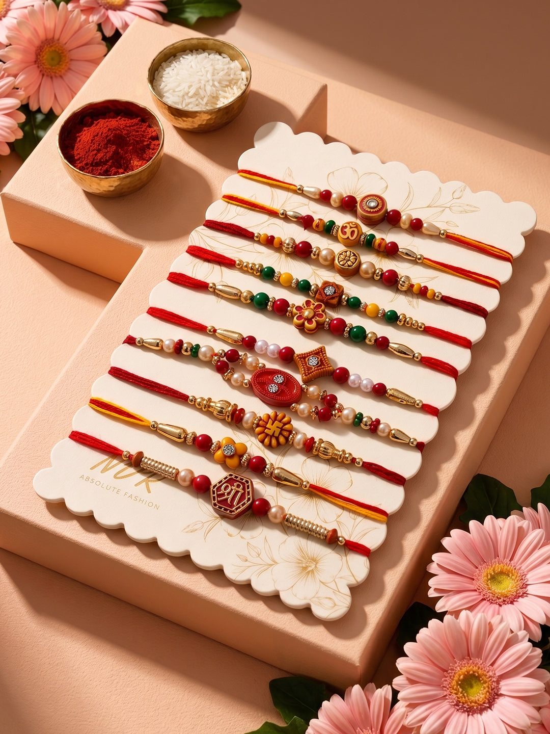 NVR Set of 10 Artificial Stones & Beads Thread Rakhi with Roli Chawal Chandan Mishri - Dista