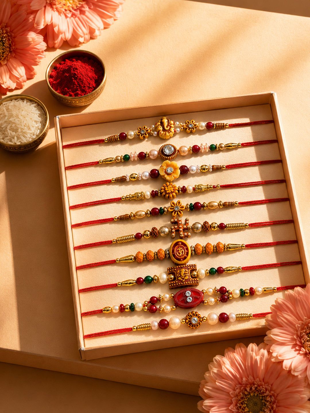 NVR Set of 10 Artificial Stones & Beads Thread Rakhi with Roli Chawal Chandan Mishri - Dista