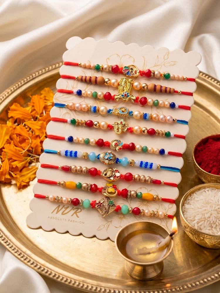 NVR Set of 10 Artificial Stones & Beads Thread Rakhi with Roli Chawal Chandan Mishri - Dista