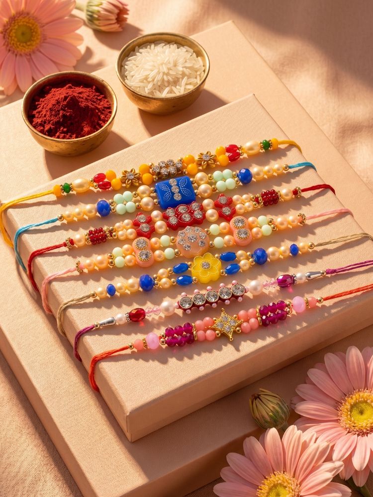 NVR Set of 7 Multicolor Designer Thread Rakhi with Roli Chawal Chandan Mishri - Dista