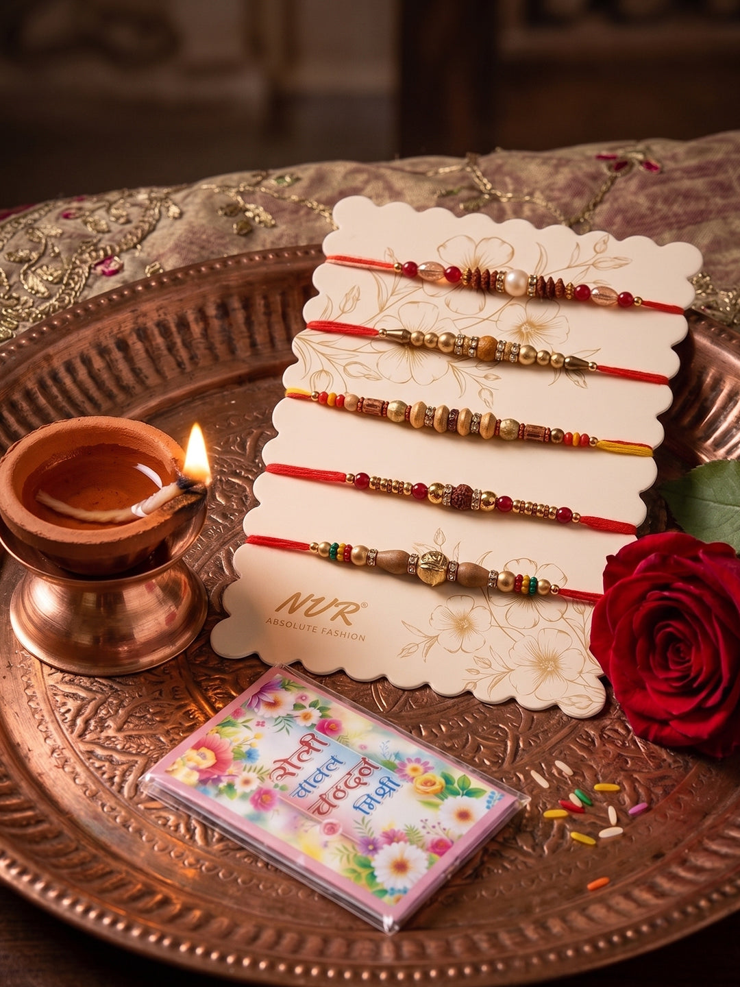 NVR Set of 5 Multicolor Designer Thread Rakhi with Roli Chawal Chandan Mishri - Dista
