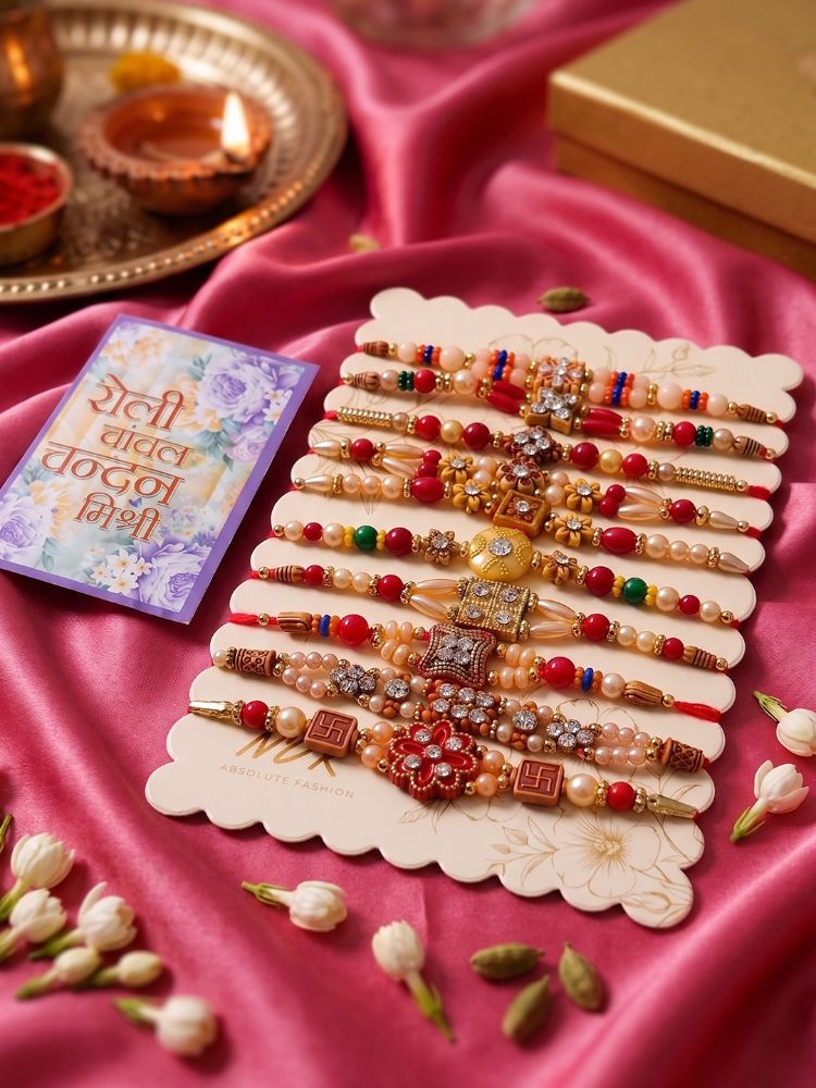 NVR Set of 10 Multicolor Designer Thread Rakhi with Roli Chawal Chandan Mishri - Dista