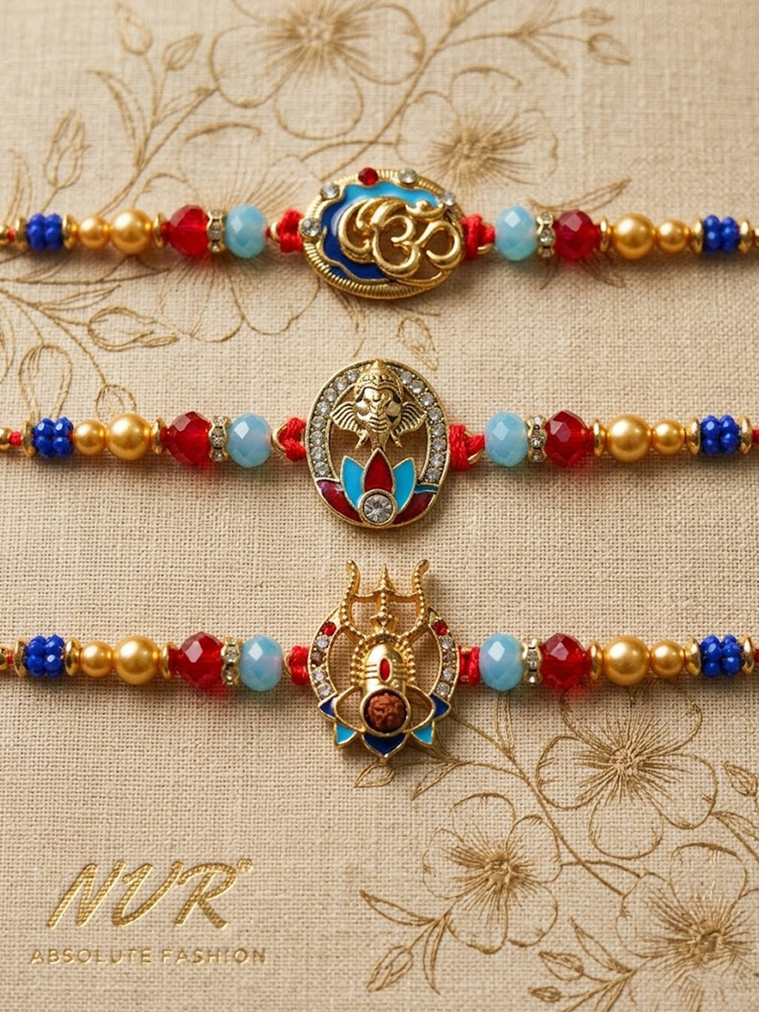 NVR Multicolor Set of 3 Artificial Stones Religious Thread Rakhi With Roli Chawal Chandan - Dista