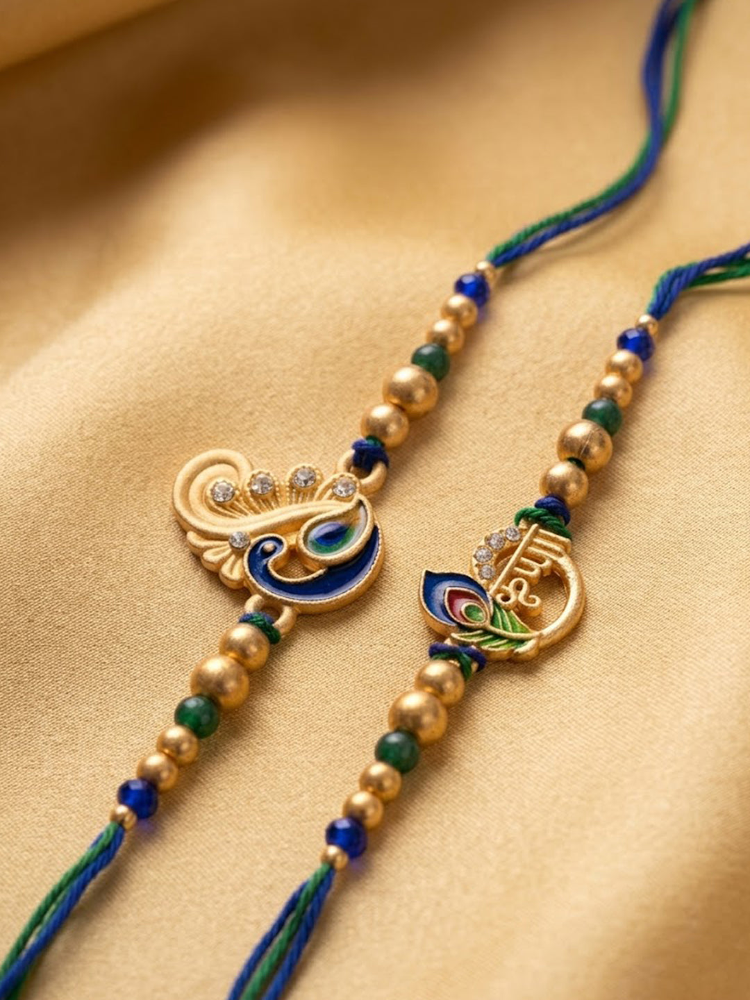 NVR Set of 2 Krishna & Peacock Design Artificial Beads Thread Rakhi With Roli Chawal - Dista