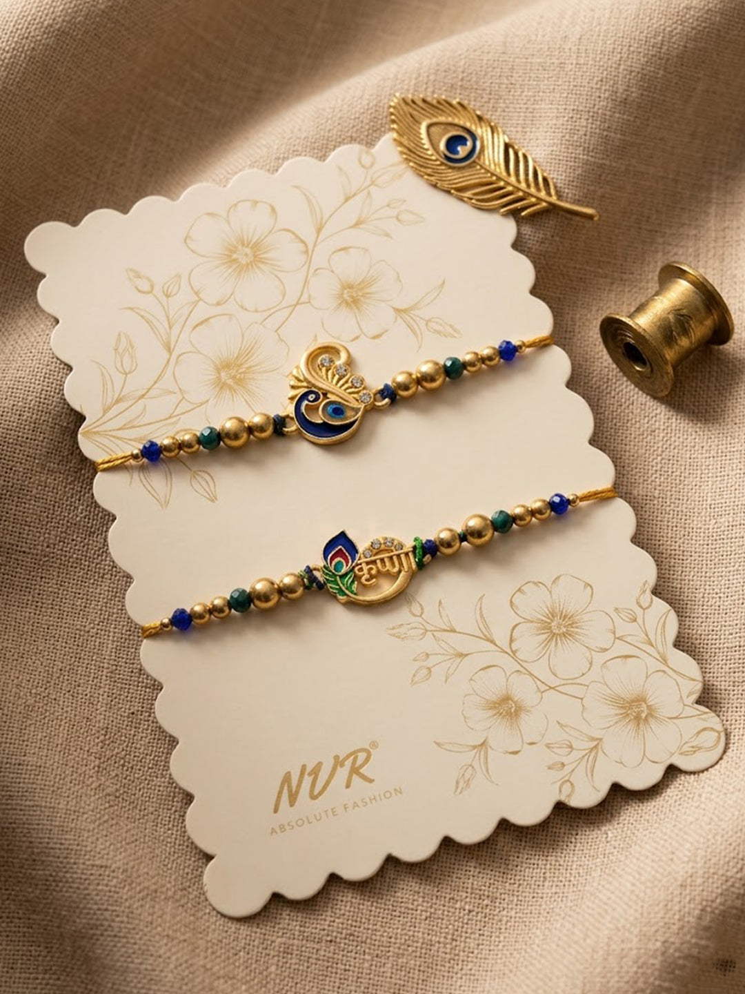 NVR Set of 2 Krishna & Peacock Design Artificial Beads Thread Rakhi With Roli Chawal - Dista