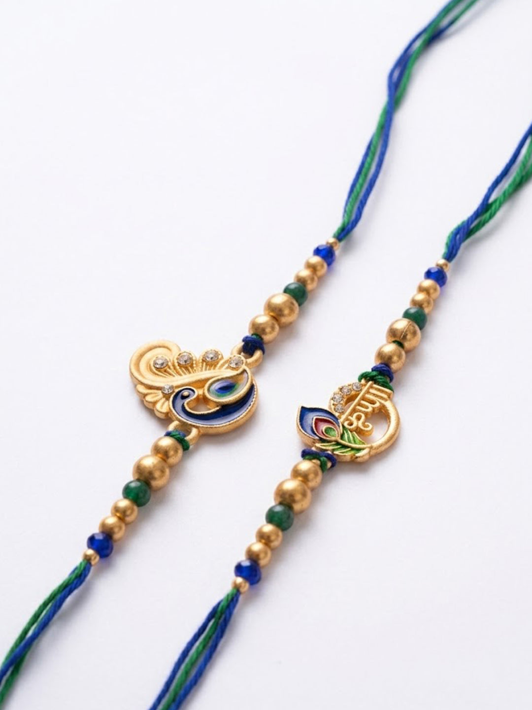 NVR Set of 2 Krishna & Peacock Design Artificial Beads Thread Rakhi With Roli Chawal - Dista